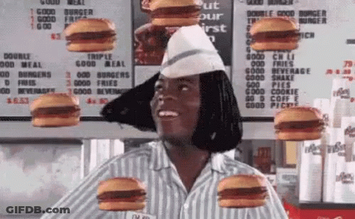 A Woman In A Striped Shirt Is Surrounded By Hamburgers On Her Head . GIF