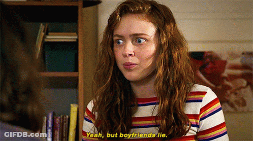 A Woman In A Striped Shirt Is Talking To Another Woman And Says Yeah But Boyfriends Lie . GIF