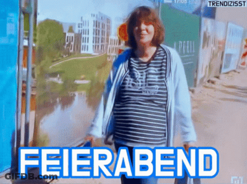 Woman In Striped Shirt Walking Past Feierabend Sign GIF