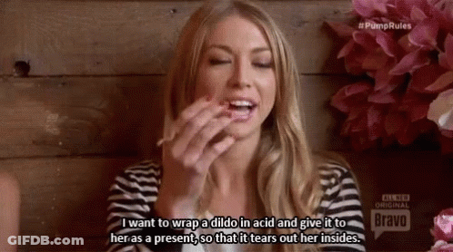 A Woman In A Striped Shirt Says I Want To Wrap A Dildo In Acid And Give It To Her GIF