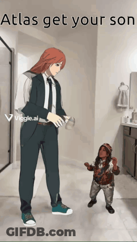 Woman In Suit And Tie With Child And Atlas Get Your Son Text GIF