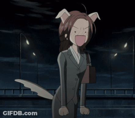 A Woman In A Suit Has A Dog Tail And Ears GIF