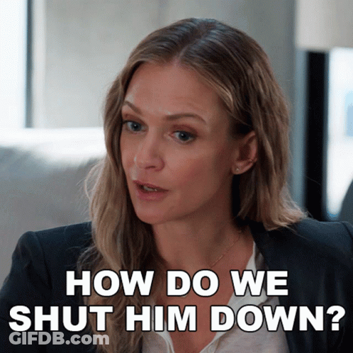 A Woman In A Suit Is Asking How Do We Shut Him Down GIF