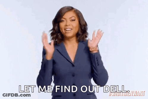 A Woman In A Suit Is Saying `` Let Me Find Out Dell '' While Waving Her Hands . GIF