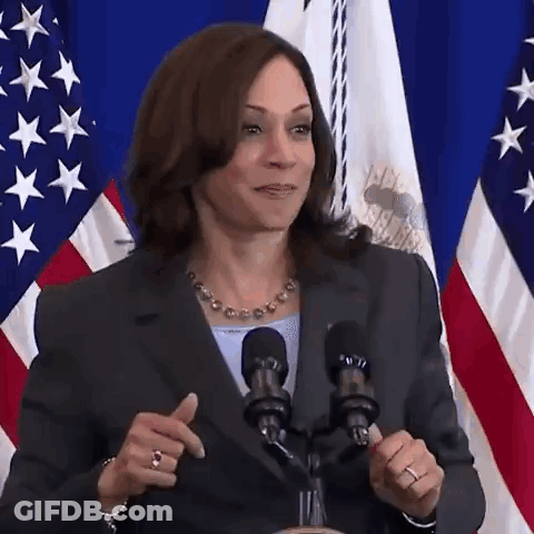 A Woman In A Suit Is Standing In Front Of A Microphone In Front Of An American Flag . GIF
