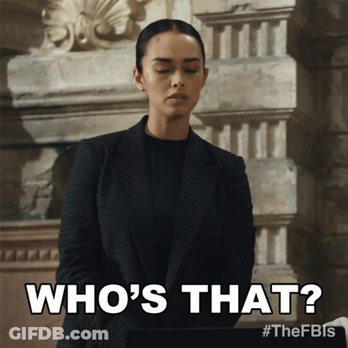 A Woman In A Suit Says " Who 'S That " In Front Of A Stone Wall GIF