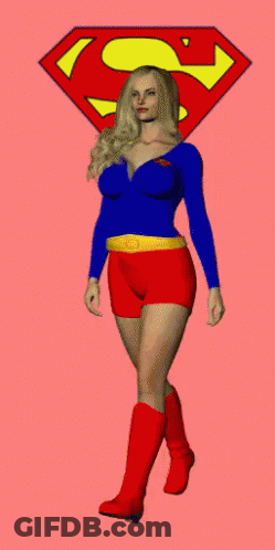 A Woman In A Supergirl Costume Is Standing In Front Of A Superman Symbol GIF