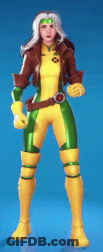 A Woman In A Superhero Costume Is Standing On A Blue Background . GIF