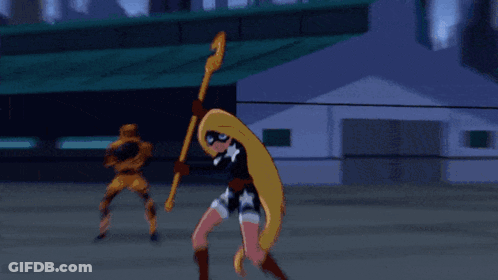 A Woman In A Superhero Outfit Is Flying Through The Air While Holding A Sword GIF