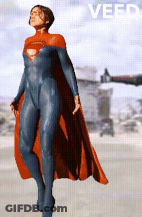 A Woman In A Superman Costume Is Flying In The Air With The Word Veed Below Her GIF