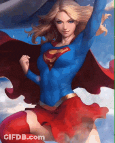 A Woman In A Superman Costume Is Flying In The Sky GIF