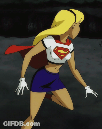 A Woman In A Superman Costume Is Kneeling Down GIF