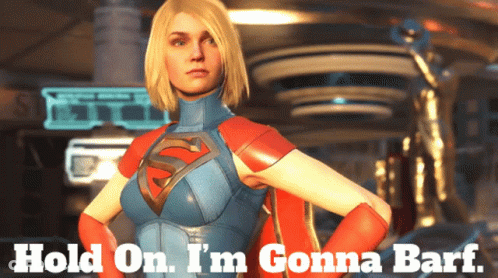 A Woman In A Superman Costume Is Standing In Front Of A Sign That Says Hold On I 'M Gonna Barf GIF