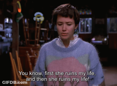 A Woman In A Sweater Says " You Know First She Ruins My Life " GIF