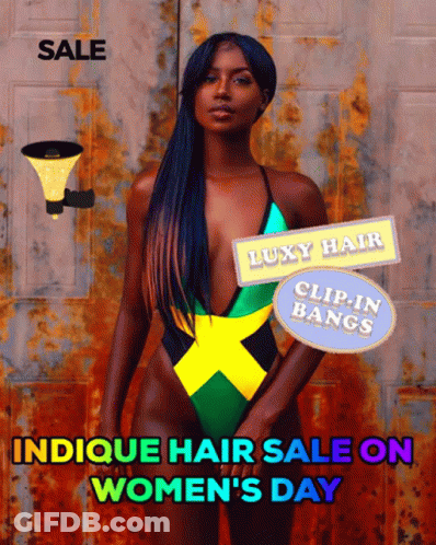 A Woman In A Swimsuit With The Words Indicque Hair Sale On Women 'S Day On The Bottom GIF
