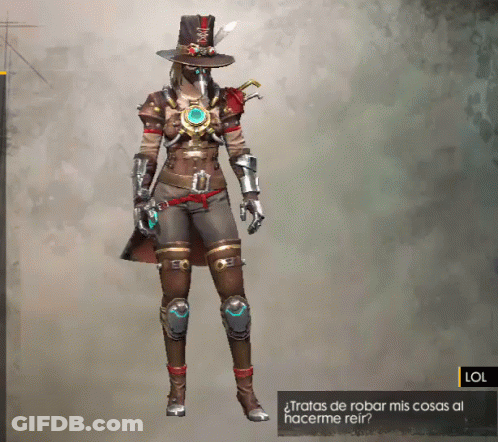 A Woman In A Top Hat Is Standing Next To A Lol Button GIF