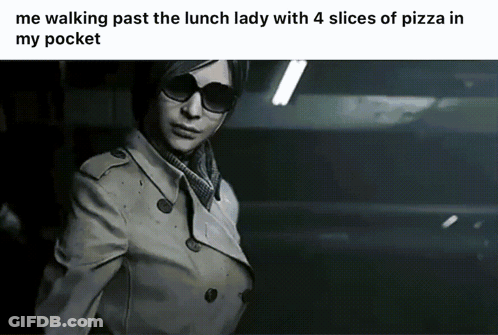 A Woman In A Trench Coat And Sunglasses Is Walking Past A Lunch Lady With 4 Slices Of Pizza In Her Pocket GIF