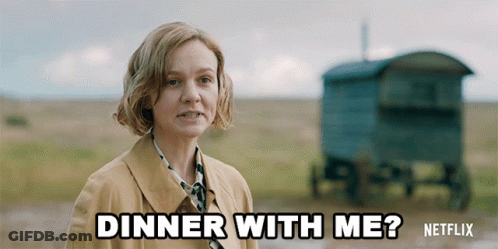A Woman In A Trench Coat Is Saying Dinner With Me GIF