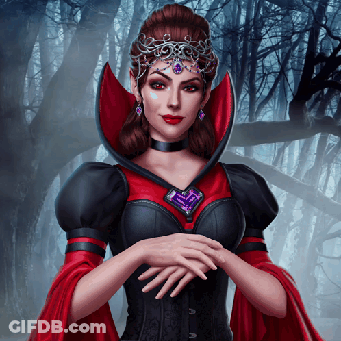 A Woman In A Vampire Costume With A Purple Jewel On Her Neck GIF
