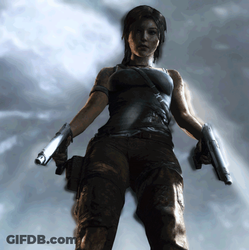 A Woman In A Video Game Holding Two Guns In Front Of A Cloudy Sky GIF