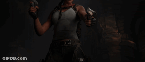 A Woman In A Video Game Holding Two Guns With A Belt That Says ' 00 ' On It GIF