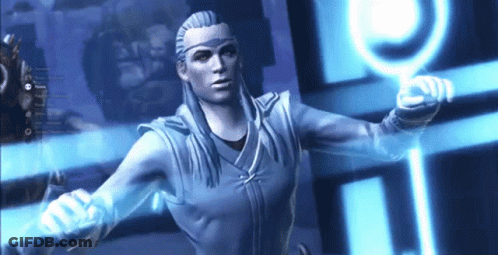A Woman In A Video Game Is Holding A Blue Object GIF