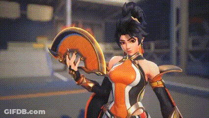 A Woman In A Video Game Is Holding A Fan In Her Hands . GIF