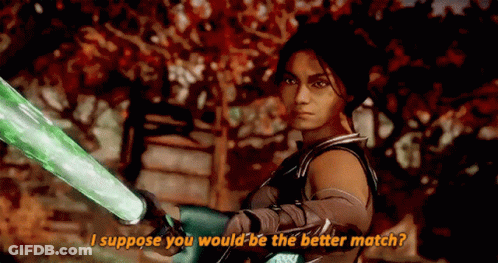 A Woman In A Video Game Is Holding A Green Sword And Says I Suppose You Would Be The Better Match . GIF