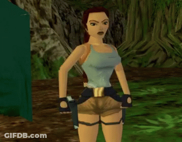 A Woman In A Video Game Is Holding A Gun In Her Pocket GIF