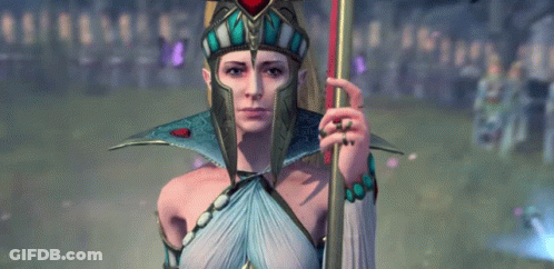 A Woman In A Video Game Is Holding A Spear And Wearing A Helmet . GIF