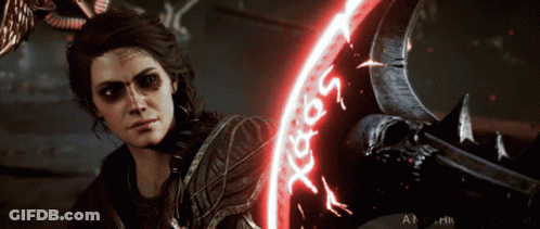A Woman In A Video Game Is Holding A Sword With A Red Circle Around It That Says Xeron On It GIF