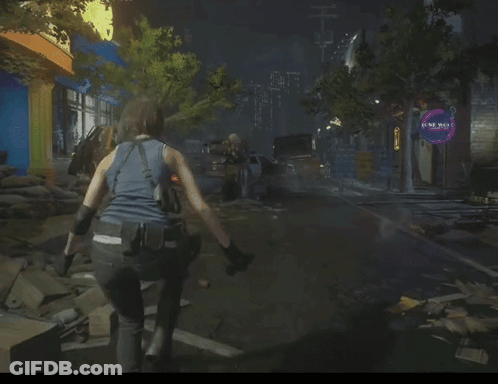 A Woman In A Video Game Is Running Down A Street With A Neon Sign That Says One Way GIF