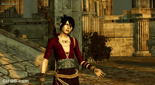 A Woman In A Video Game Is Standing In Front Of A Building With Illusive Soul Written On The Bottom Right GIF