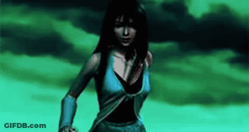 A Woman In A Video Game Is Standing In Front Of A Green Background . GIF