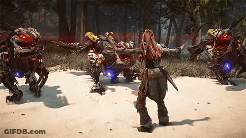 A Woman In A Video Game Is Standing In Front Of A Group Of Monsters GIF