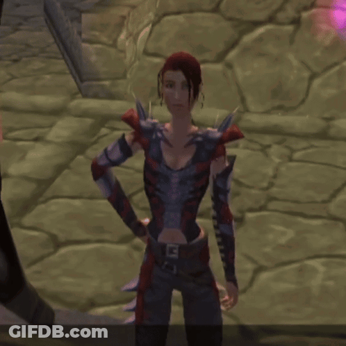 A Woman In A Video Game Is Standing In Front Of Purple Lights GIF