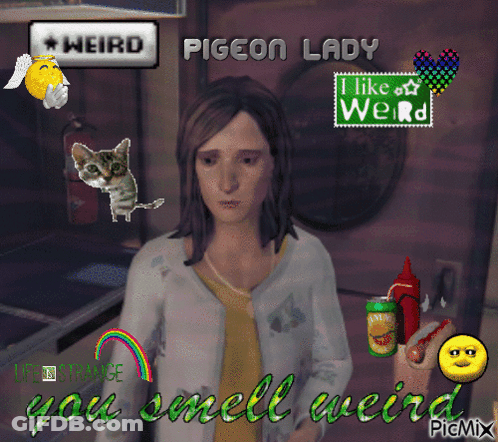A Woman In A Video Game Is Surrounded By Weird Stickers And Says " You Smell Weird " GIF