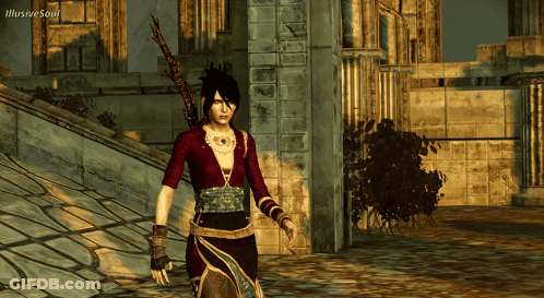 A Woman In A Video Game Is Walking In Front Of A Building That Says Illusive Soul On It GIF