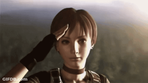 A Woman In A Video Game Salutes With Her Hand On Her Head GIF