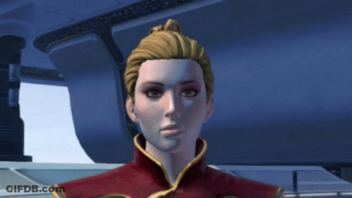 A Woman In A Video Game Stands In Front Of A Statue Of A Man GIF