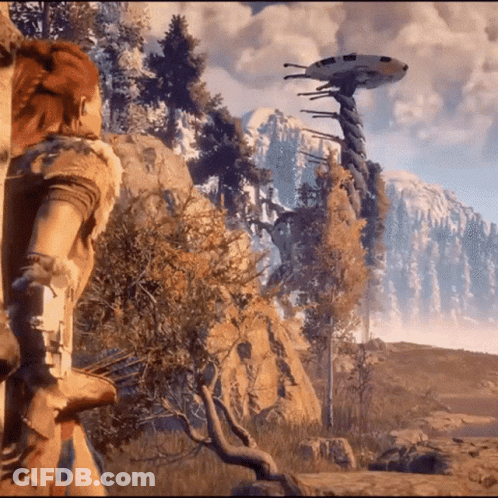 A Woman In A Video Game Stands In Front Of A Tree With A Ufo In The Background GIF