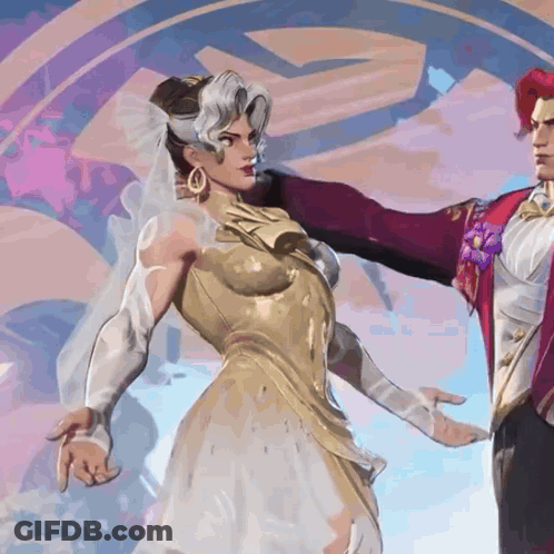 A Woman In A Wedding Dress Is Dancing With A Man In A Suit . GIF