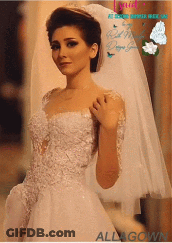 A Woman In A Wedding Dress With A Veil And The Words " Bride " On The Bottom GIF