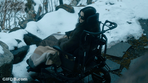 A Woman In A Wheelchair Is Sitting In The Snow With The Word Verity Written On The Bottom GIF