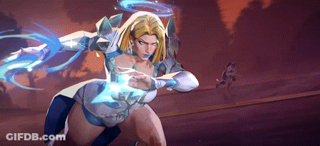 A Woman In A White And Blue Outfit Is Holding A Blue Object In Her Hands GIF