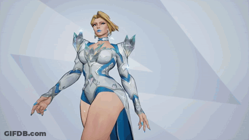 A Woman In A White And Blue Outfit Is Standing In Front Of A Blue Background That Says Emm GIF