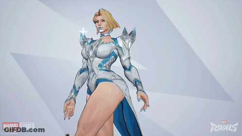 A Woman In A White And Blue Outfit Is Standing In Front Of A Marvel Games Rivals Logo GIF