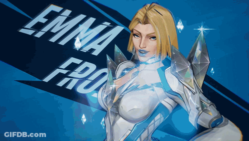 A Woman In A White And Blue Outfit With The Name Emma Fro GIF