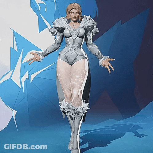A Woman In A White And Silver Outfit Stands In Front Of A Blue Background GIF