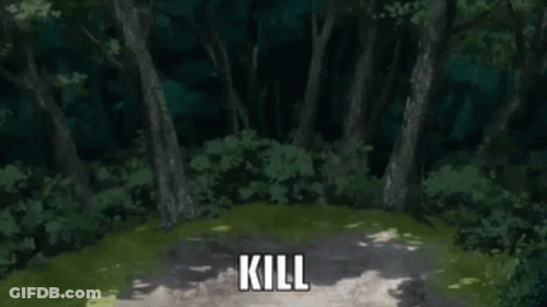 A Woman In A White Apron Is Standing In The Woods With Trees In The Background And Says `` Kill '' . GIF